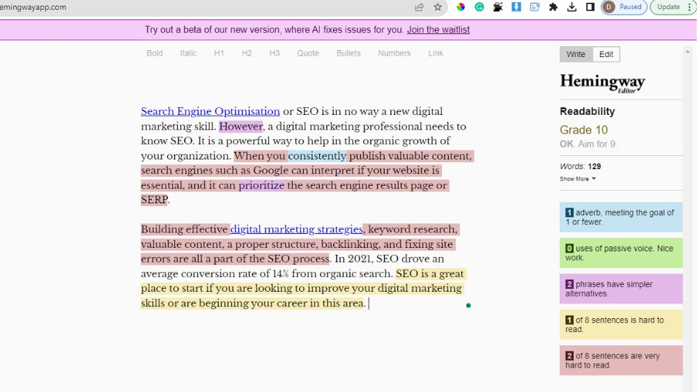 Hemingway App for Content Writing and Content Optimization