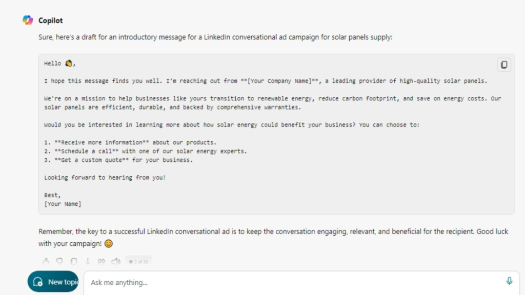 LinkedIn Conversational Ads using Copilot